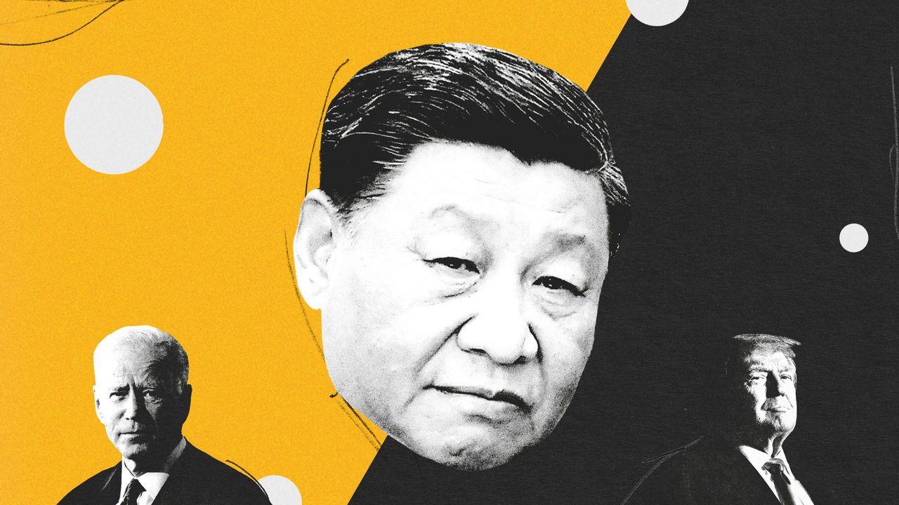 Collage featuring Xi in the middle, with Trump and Biden on each side.