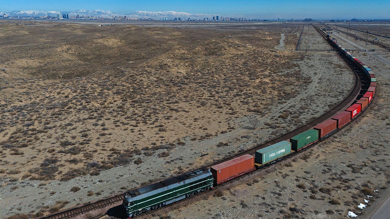 A freight train carrying containers from China crossing the Kazakh border in Khorgos, Kazakhstan.