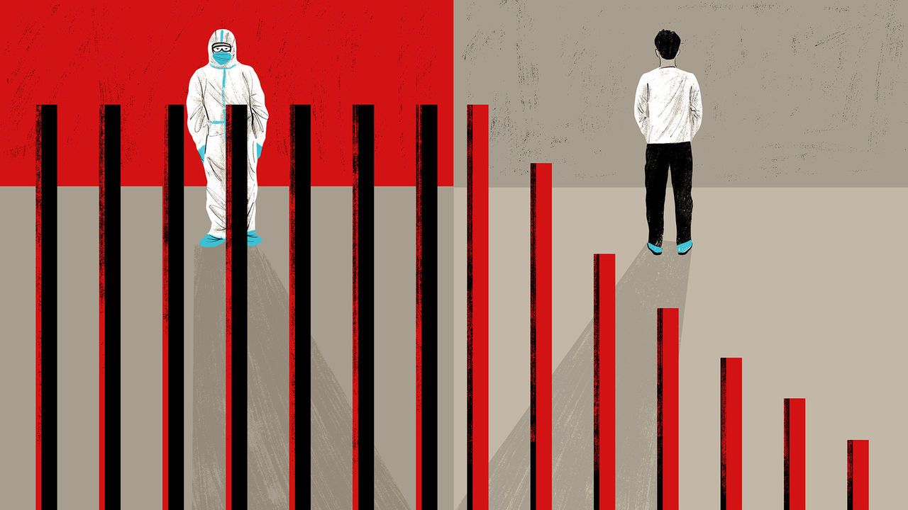Two people, one facing forward and one facing backward standing behind bars resembling a graph. The person facing forward is wearing a hazmat suit.