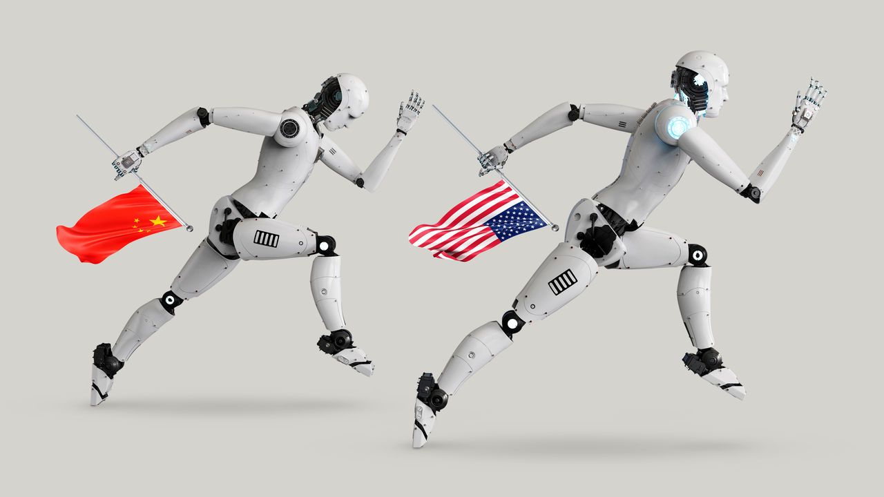 Two robots in a race, the robot ahead is holding the American flag and the one just behind holding the Chinese flag