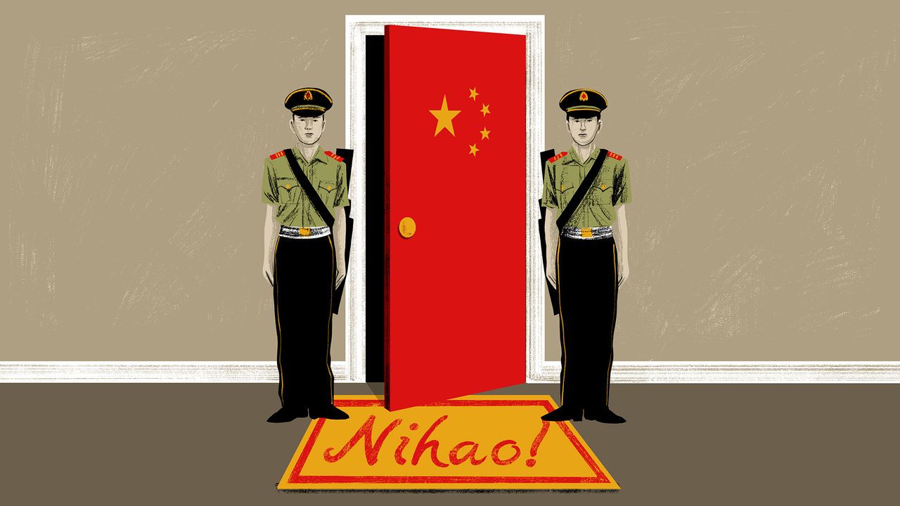 Illustration featuring two traditional Chinese guards standing watch at a slightly ajar door, with a doormat displaying the word 'Nihao'.