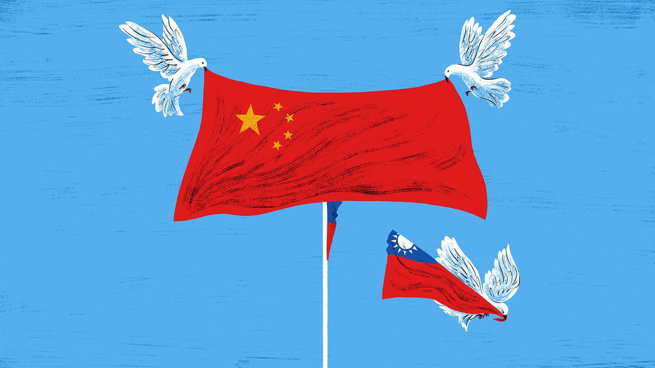 An illustration of one dove tearing down the Taiwanese flag while two other doves bring in the Chinese flag.
