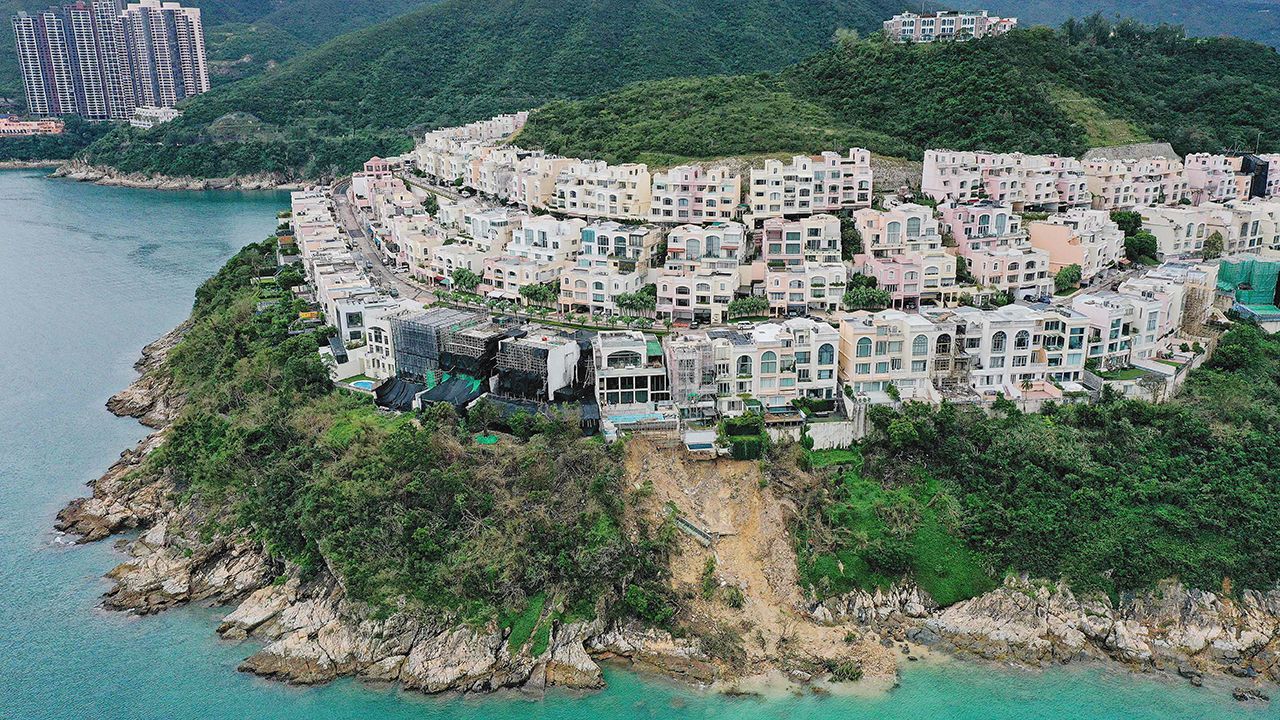 An aerial photo shows a landslide at Redhill Peninsula, a luxurious residential estate in the Tai Tam area in Hong Kong