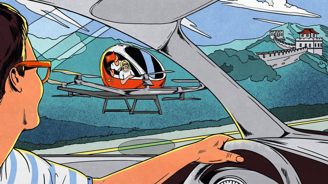 An illustration of a person driving a car in the foreground. Through their car window a flying taxi with the China flag on the side is hovering above the road. Two people are leaning out of the window and one is waving a China flag. The Great Wall of China