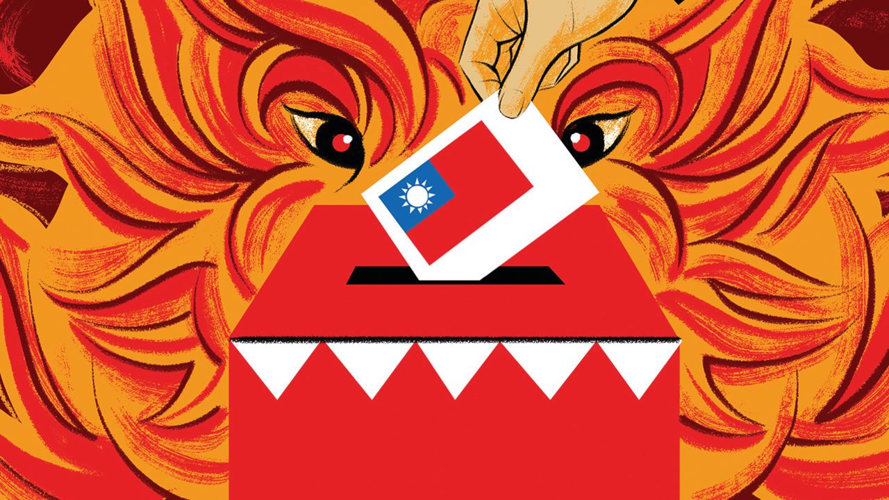 hand casting a vote with the flag of Taiwan into a voting box, set against a backdrop featuring a dragon