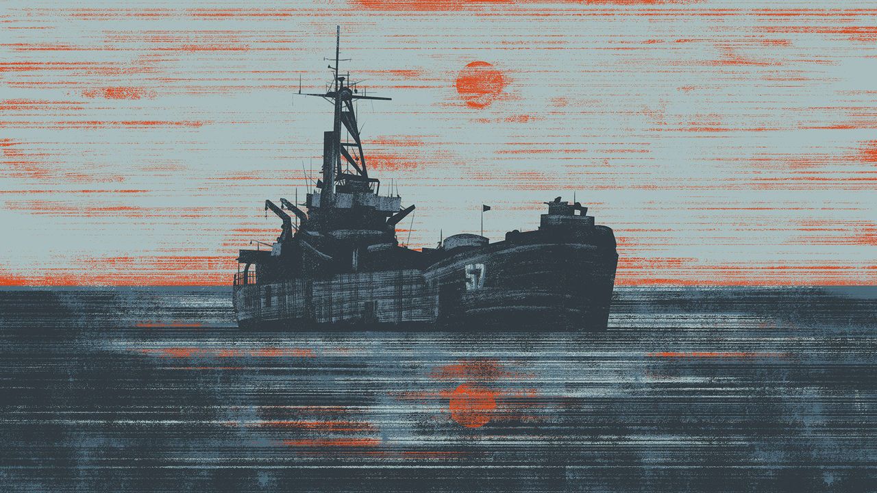 An old WWII war ship, the Sierra Madre, with sun reflected in the South China Sea