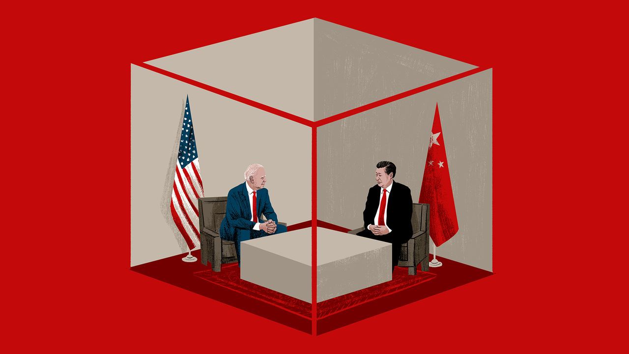 Illustration of Joe Biden and Xi Jinping in conversation