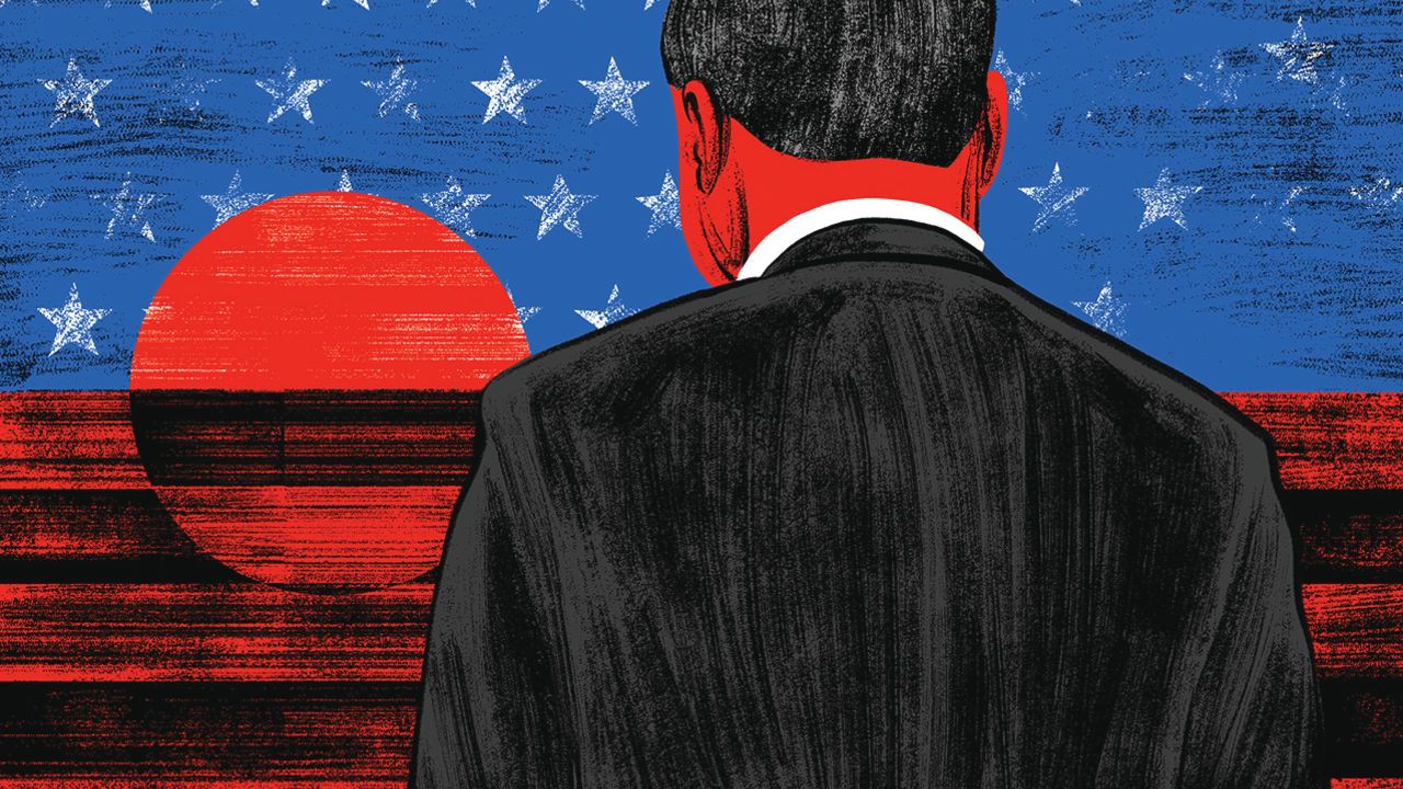 An illustration of Xi Jinping looking out to sea. The sky and sea are made up of  the stars and stripes of the American flag.