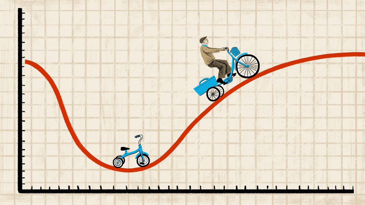 A man on a tricycle cycles up the steep curve on a graph. A riderless child’s tricycle sits  at the bottom of the curve