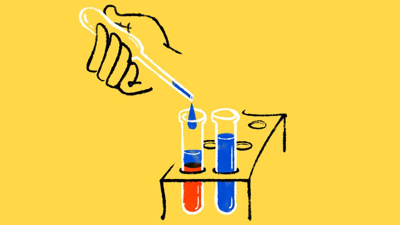 An illustration of a hand holding a pipette dropping blue liquid from a full test tube to another test tube that has less liquid with a red layer and a smaller blue layer on top.