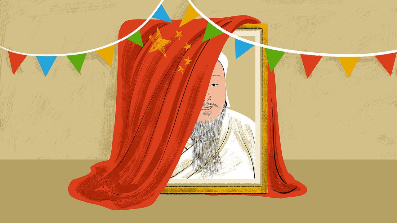 A portrait of Genghis Khan adorned with bunting, partially obscured by a Chinese flag.
