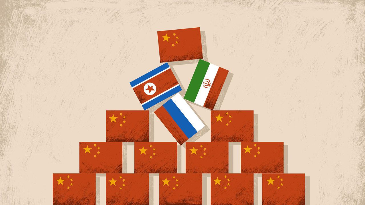 Conceptual illustration of a neat stack of Chinese flags forming a red wall, disrupted by the flags of Iran, Russia, and North Korea.