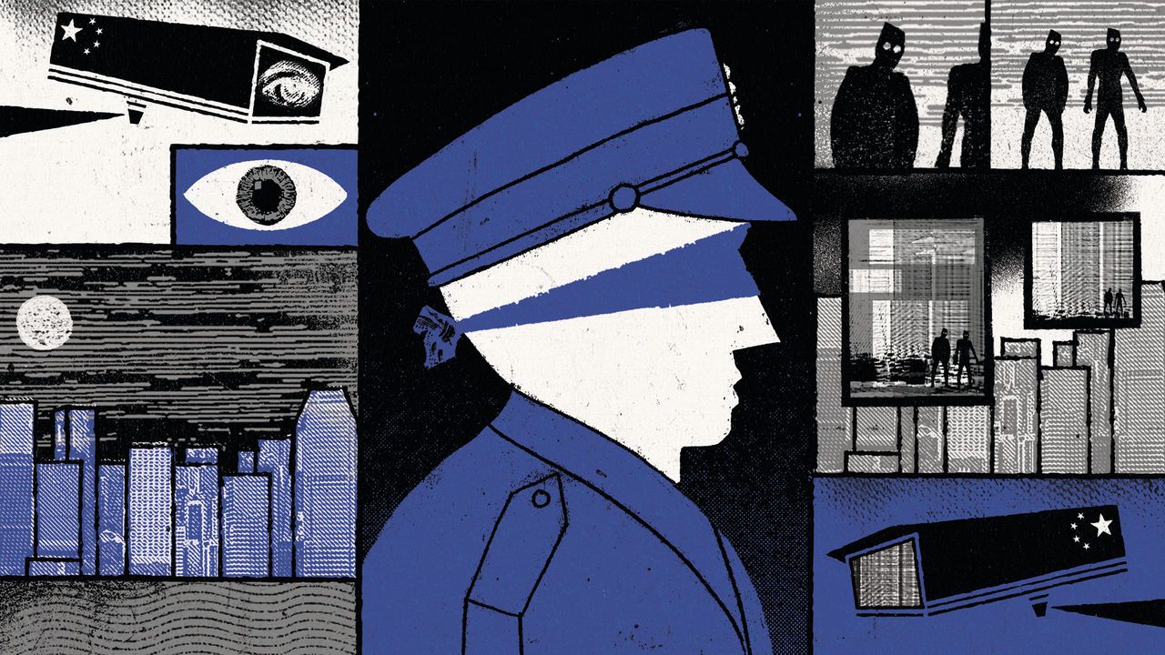 An illustration showing a blindfolded police officer with street scenes showing shadowy figures and CCTV cameras either side. The CCTV cameras have the stars from the Chinese flag on them.
