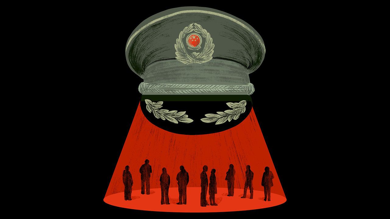 Illustration of a chinese police hat shining a spotlight on the silhouettes of a group of people