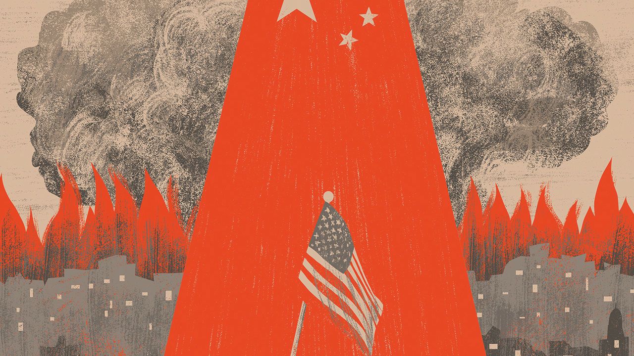 Illustration of Chinese and United States flags in front of a burning city