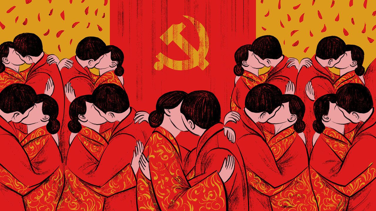 Illustration featuring few couples smooching, with the Chinese flag in the background.